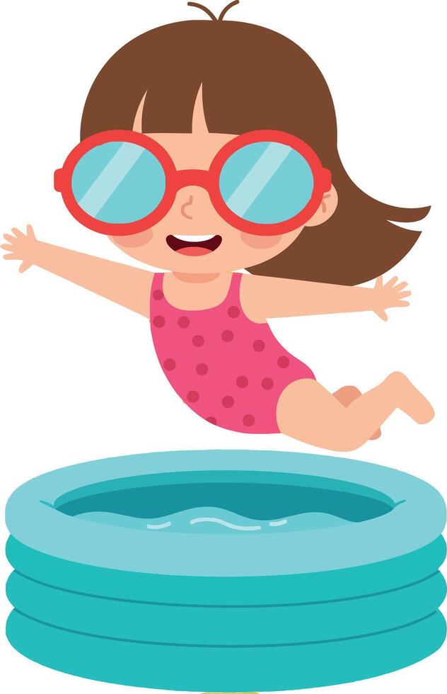 Girl jumping into blue inflatable pool summer fun illustration vector