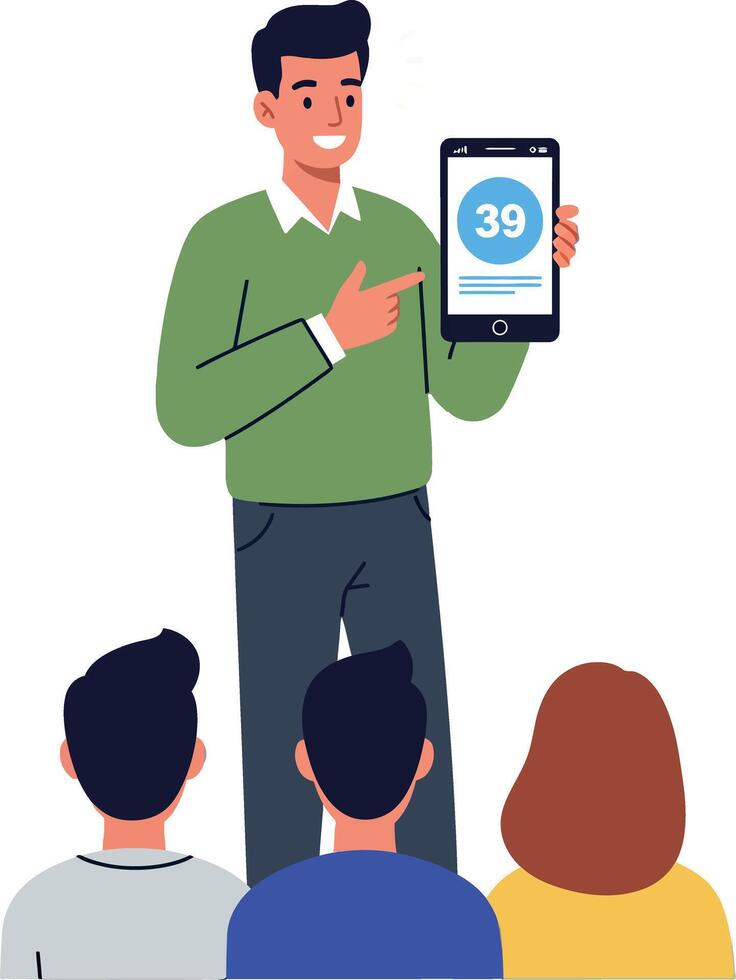 Man teaching audience with tablet showing number 39 in casual presentation scene vector