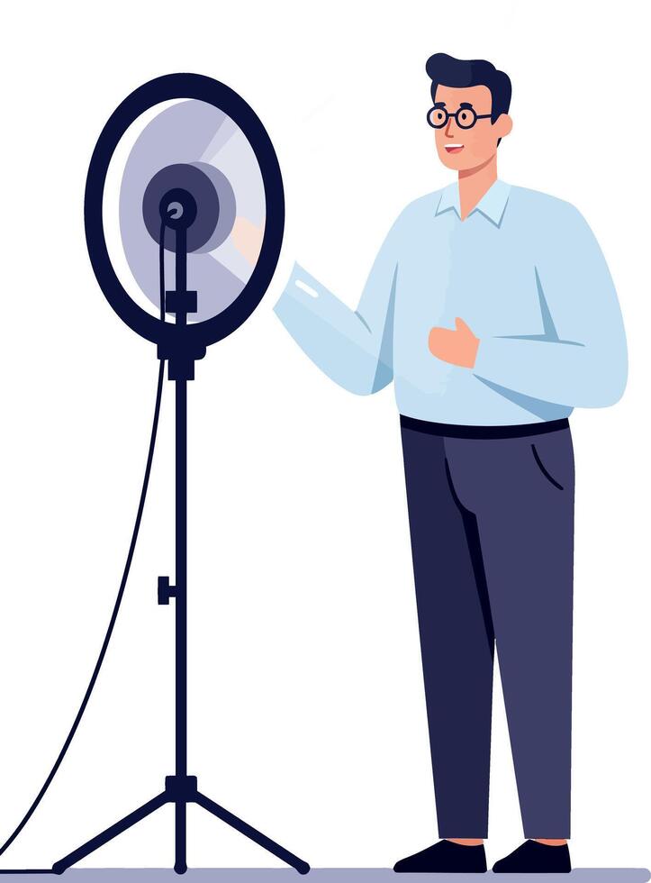 Man Using Ring Light for Photography or Recording in Studio Setup vector