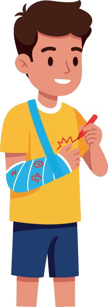 Boy with arm sling drawing with red pencil in casual summer clothes illustration vector