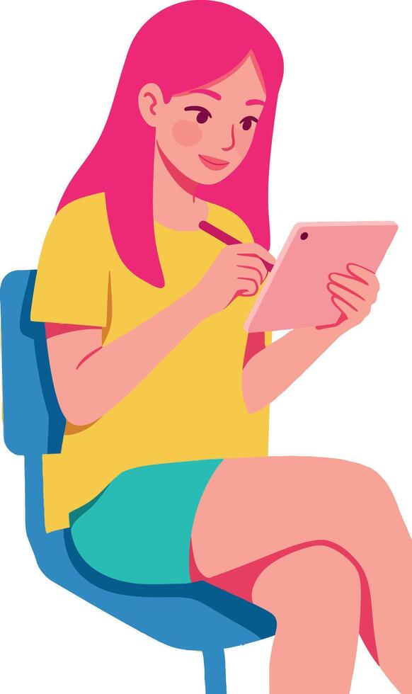Young woman drawing on digital tablet with stylus pen sitting casual illustration vector