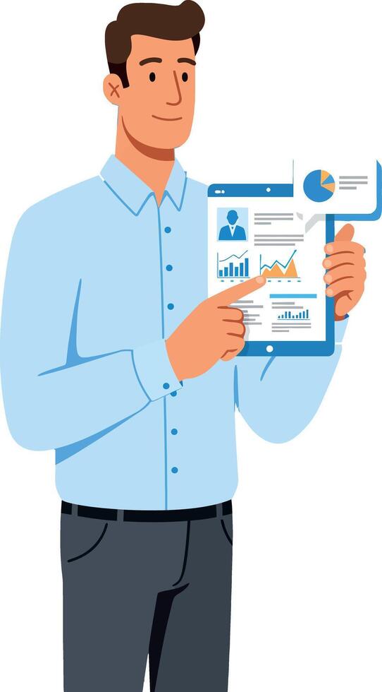 Young man analyzing business data report with charts and graphs illustration vector
