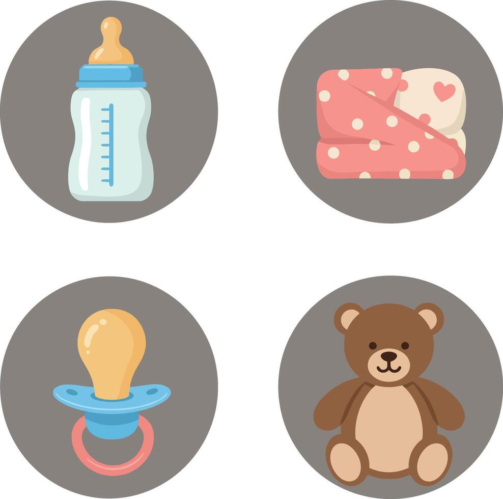 Baby essentials set with feeding bottle, pacifier, teddy bear, and blanket in soft colors vector