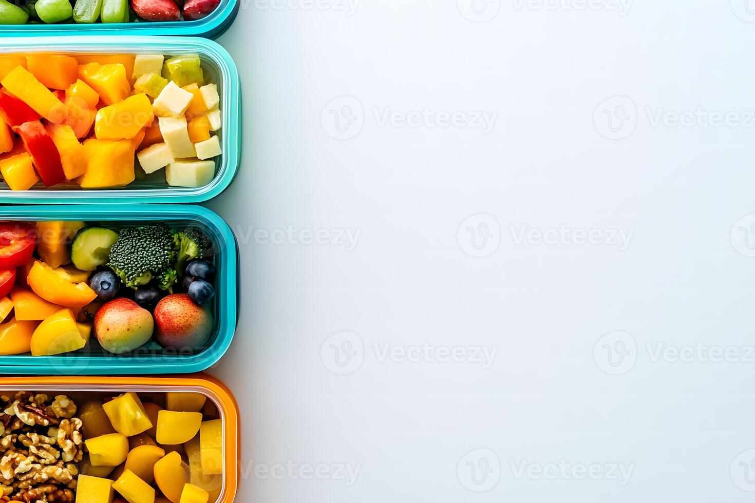 Colorful and Healthy Meal Prep Containers with Fresh Fruits and Vegetables for Nutritious Eating and Balanced Diet on a Clean Background photo