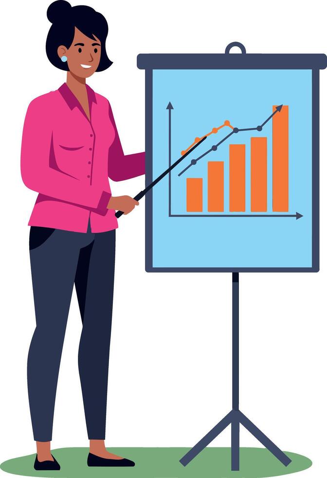 Businesswoman presenting growth chart with orange bars in professional attire illustration vector