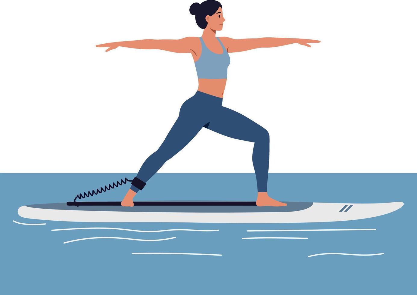 Woman practicing yoga on paddleboard in water calm balance and fitness exercise illustration vector