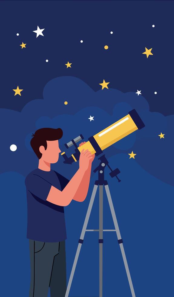 Boy Observing Stars with Yellow Telescope on Night Sky Background Illustration vector