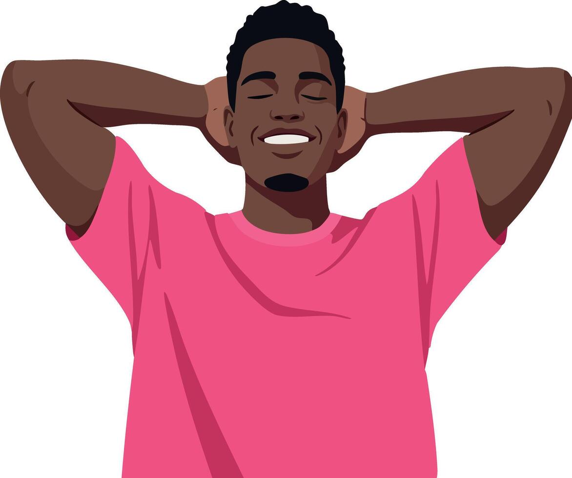 Relaxed man enjoying moment with eyes closed and hands behind head in pink shirt illustration vector