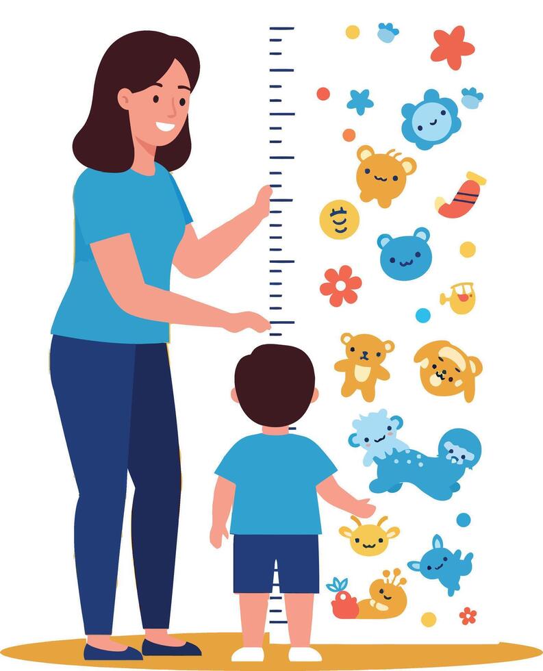 Woman measuring child height with colorful animal wall stickers in blue outfit illustration vector