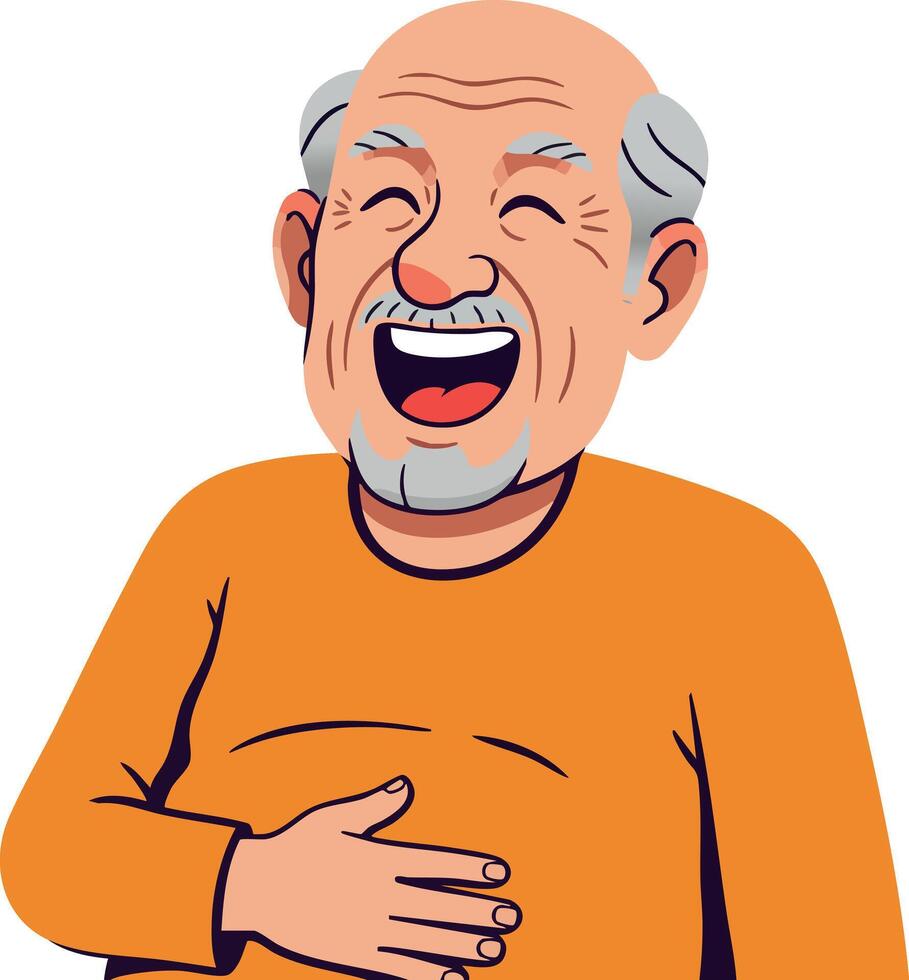 Laughing elderly man with gray hair and orange sweater enjoying moment illustration vector