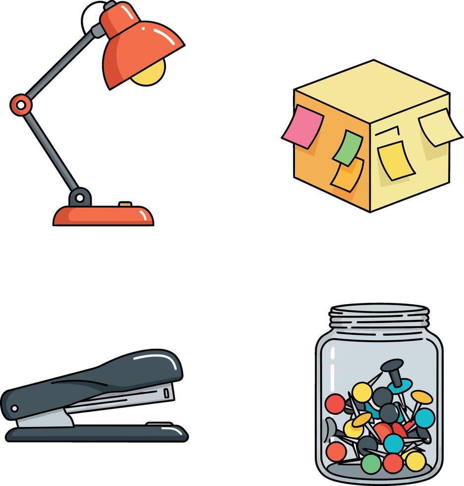 Desk lamp stapler sticky notes box and jar with pushpins illustration set vector