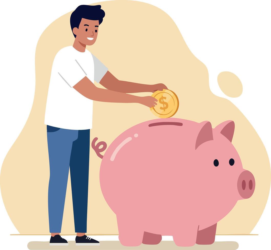 Man putting coin in large pink piggy bank saving money concept illustration vector