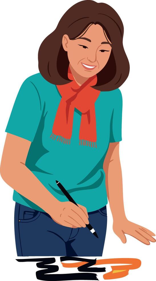 Young woman painting with brush in casual clothes creating colorful artwork illustration vector