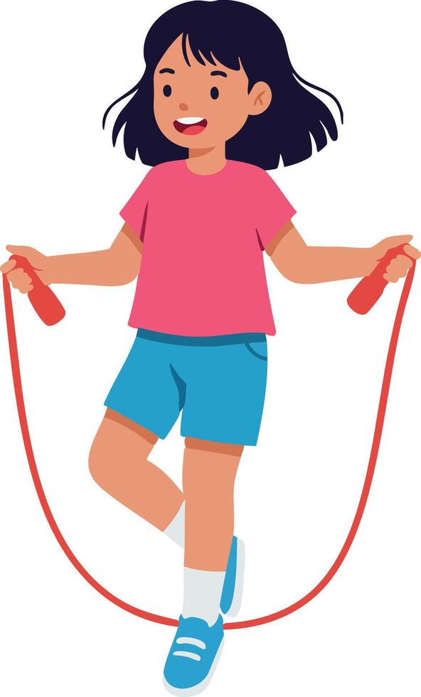 Girl skipping rope active child playing outdoors in casual clothes illustration vector