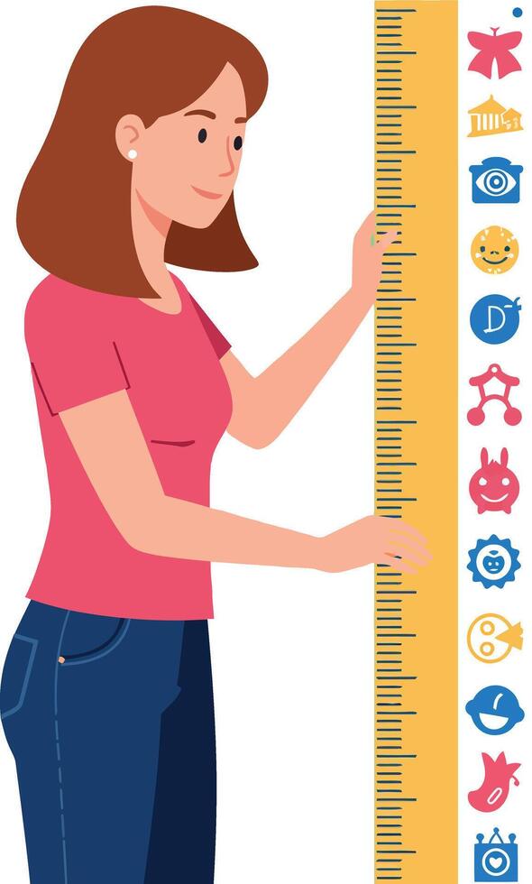 Young woman measuring height with yellow ruler in casual clothes illustration vector