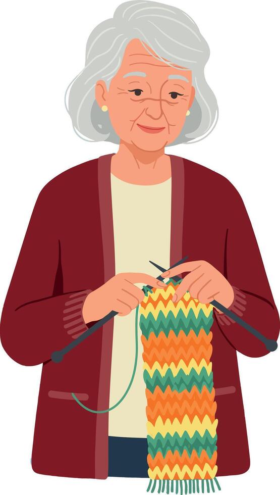 Elderly Woman Knitting Colorful Scarf in Cozy Home Environment Illustration vector