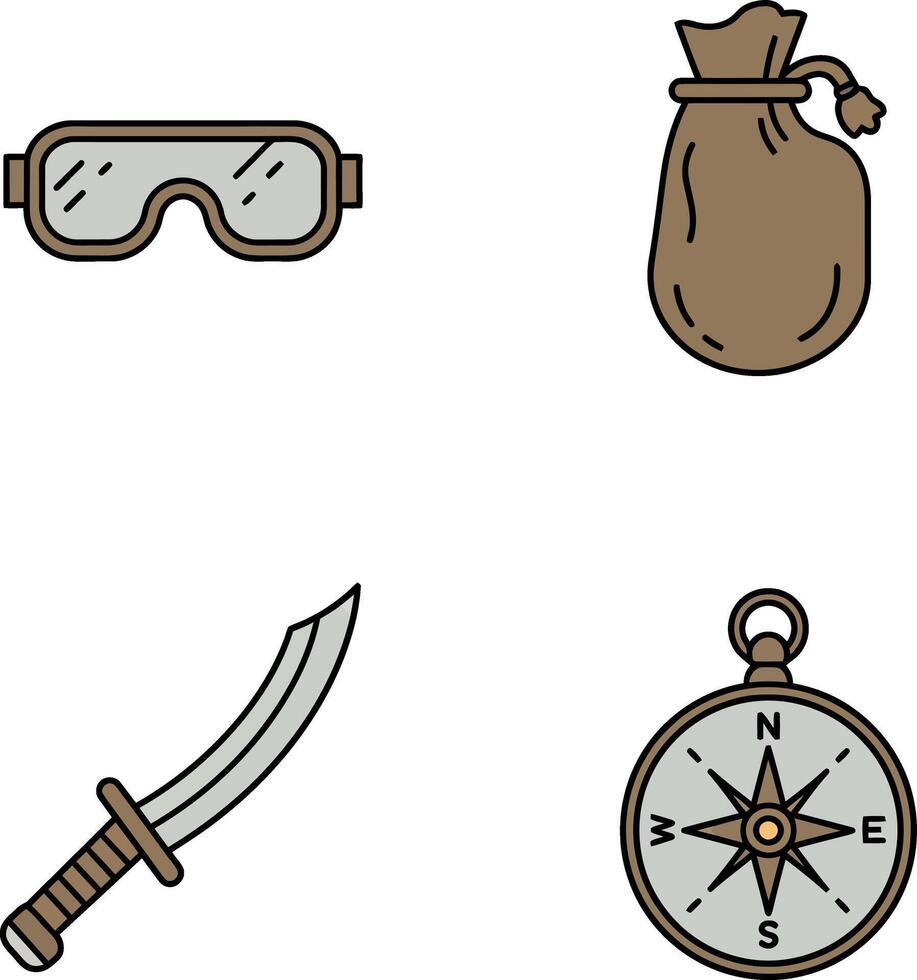 Adventure essentials set with goggles compass knife and bag illustration vector