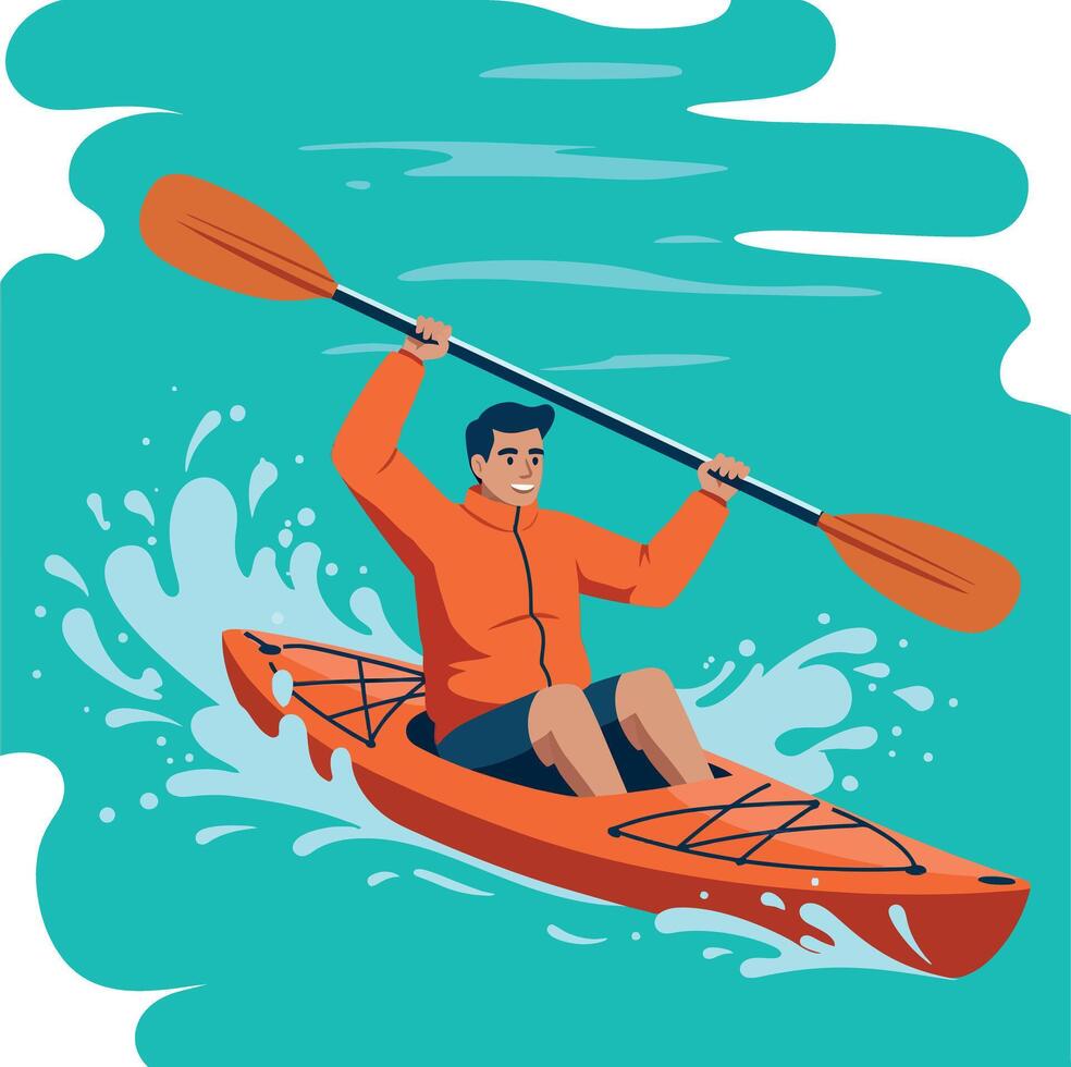 Man kayaking on water with orange kayak and paddle active outdoor sport illustration vector