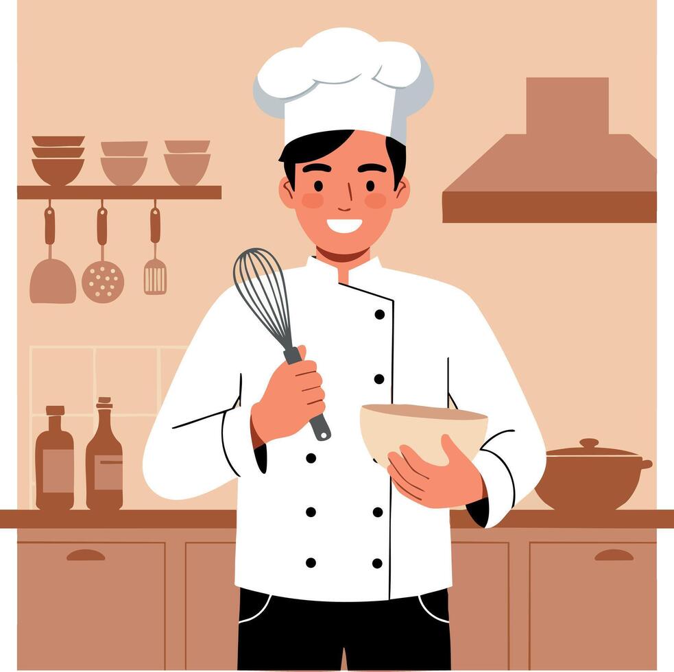 Chef cooking in kitchen holding whisk and bowl smiling in uniform illustration vector