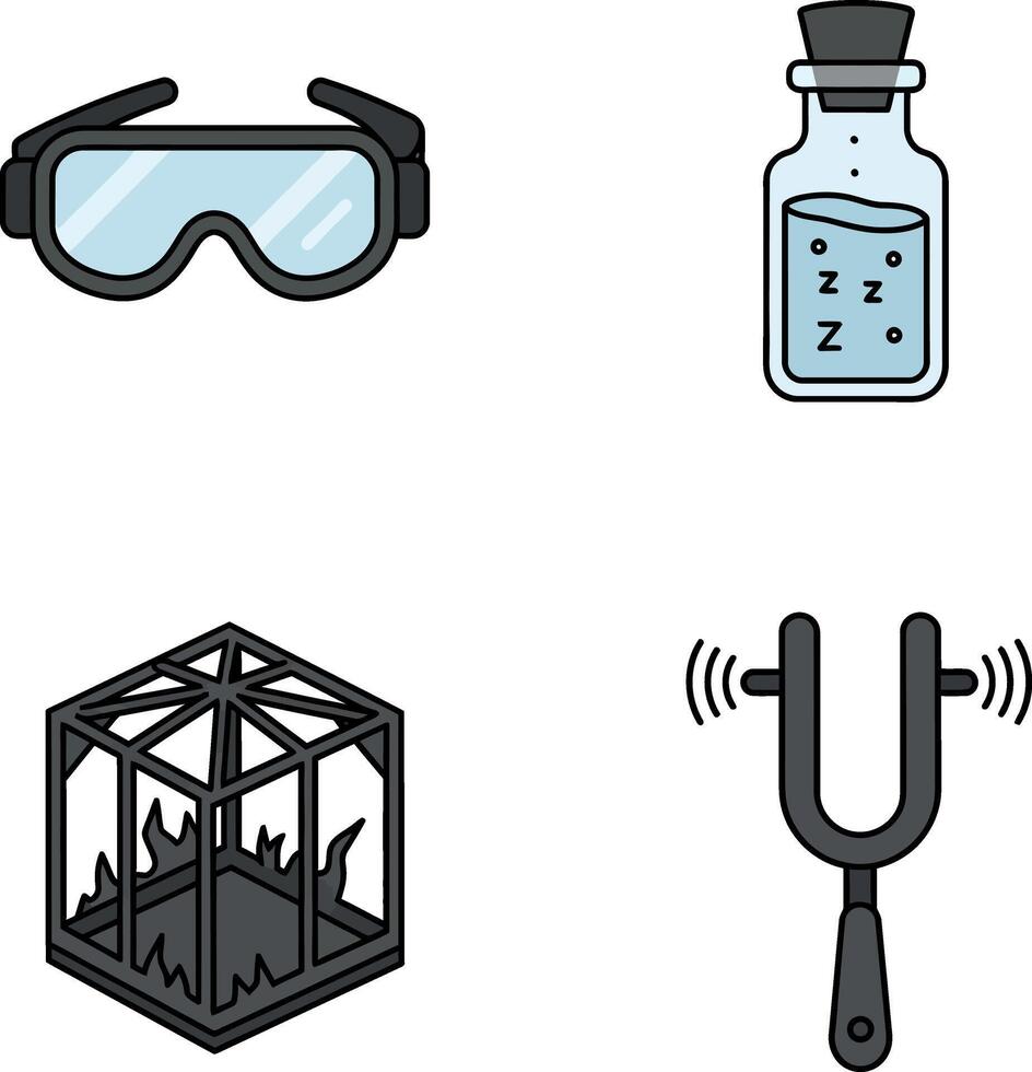 Sleep Aid Tools and Safety Gear Illustration with Goggles, Tuning Fork, Sleep Potion, and Enclosed Fire Container vector