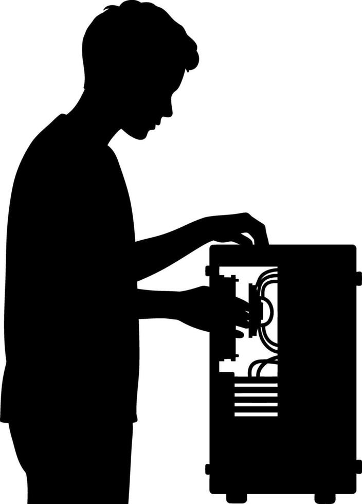 Silhouette of person assembling computer chassis in profile black illustration vector