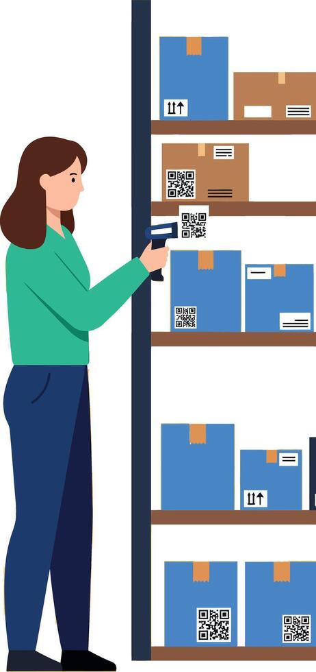 Woman scanning barcode on warehouse boxes with shelves in storage area illustration vector
