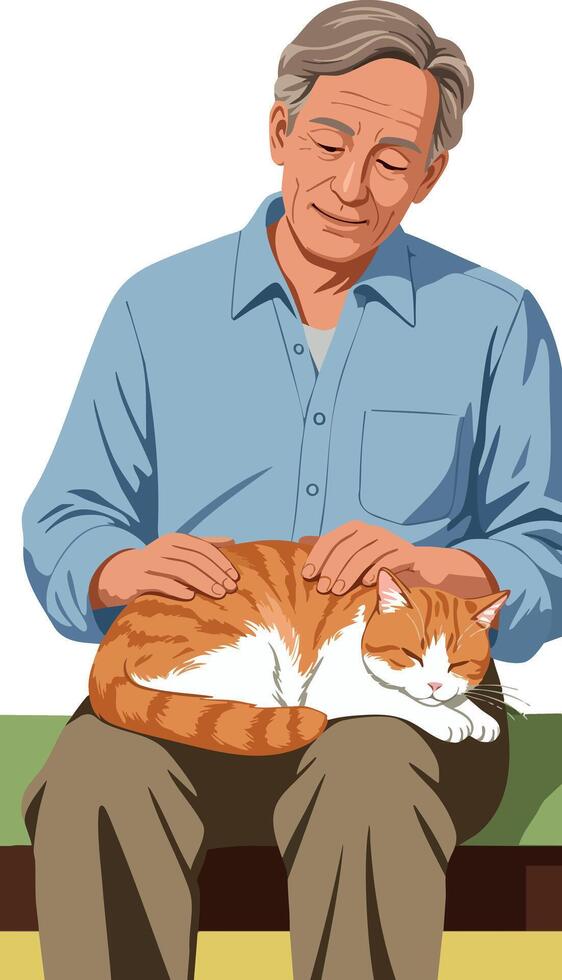 Elderly man petting sleeping orange cat on lap gentle moment illustration vector