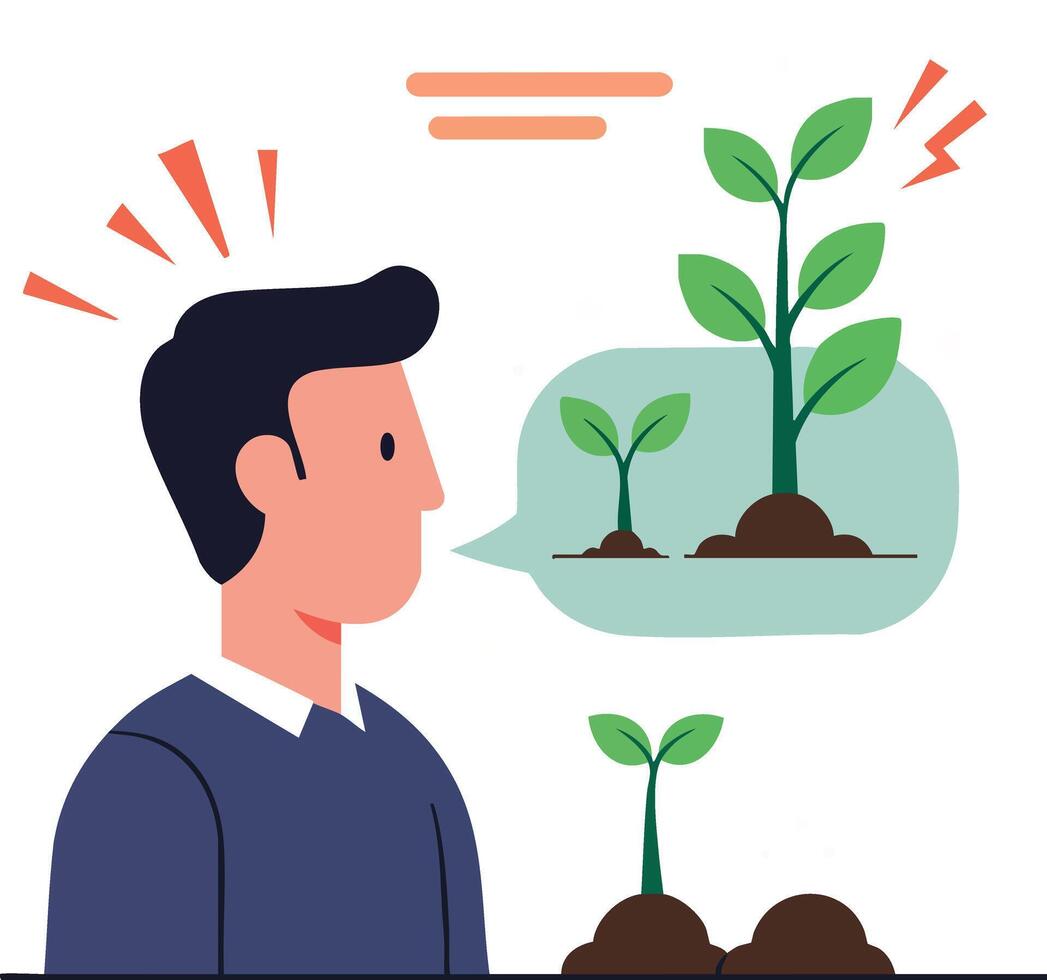 Man Thinking About Plant Growth Concept Illustration with Green Leaves and Soil vector