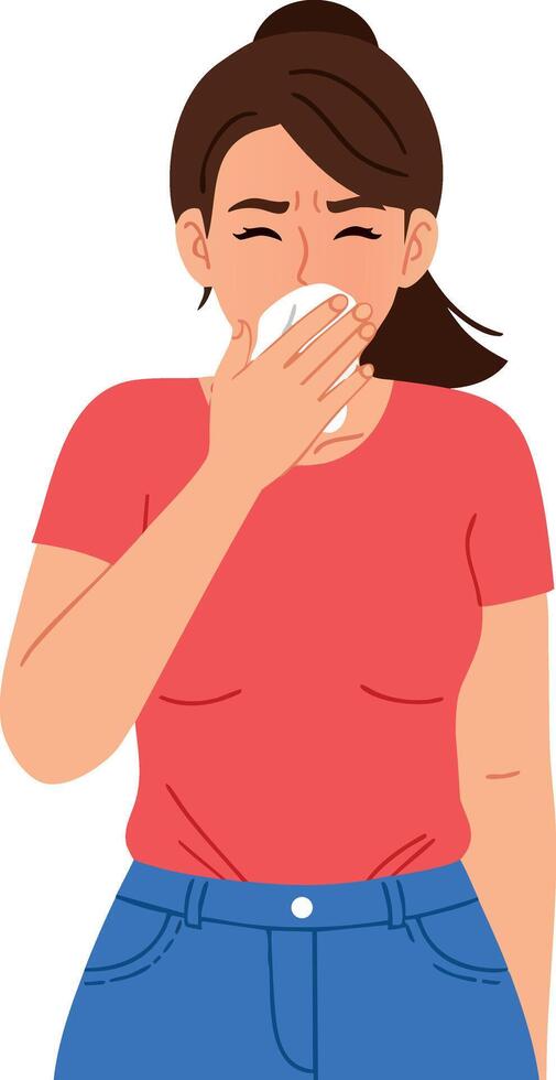 Woman sneezing with tissue in red shirt and blue jeans illustration vector