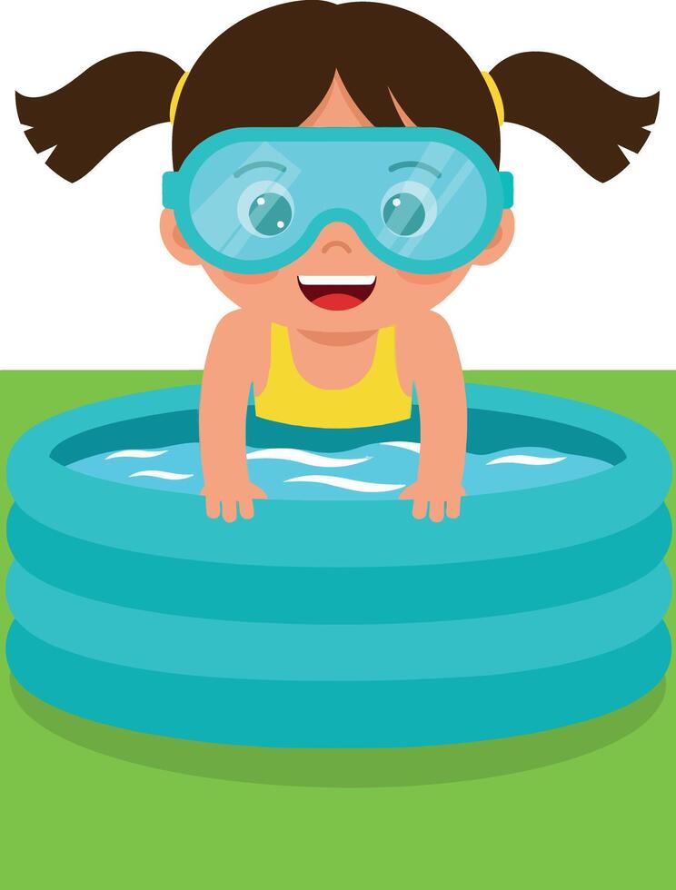 Girl in swimming goggles playing in blue inflatable pool on green grass illustration vector