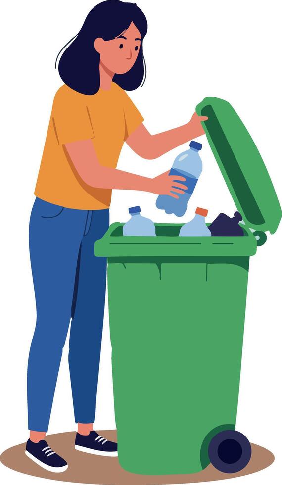 Woman recycling plastic bottles into green trash bin for environmental care and waste management illustration vector