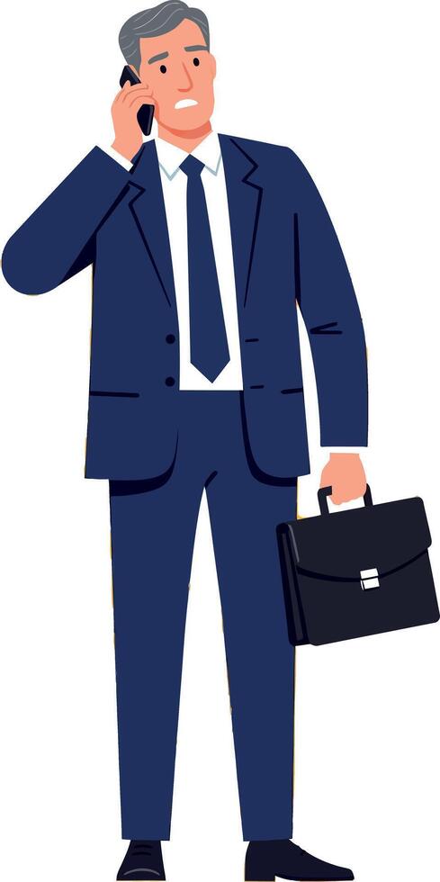 Businessman in blue suit talking on phone holding briefcase standing illustration vector