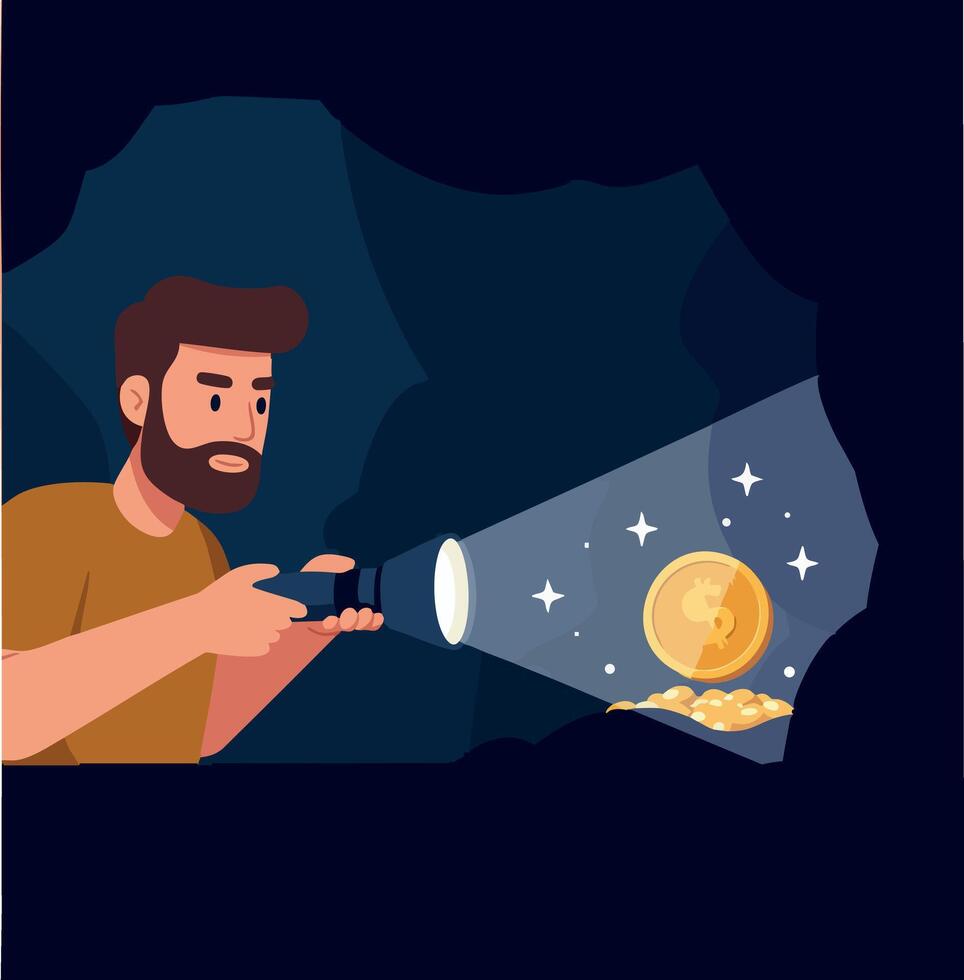 Man with flashlight discovering gold coins treasure in dark cave illustration vector