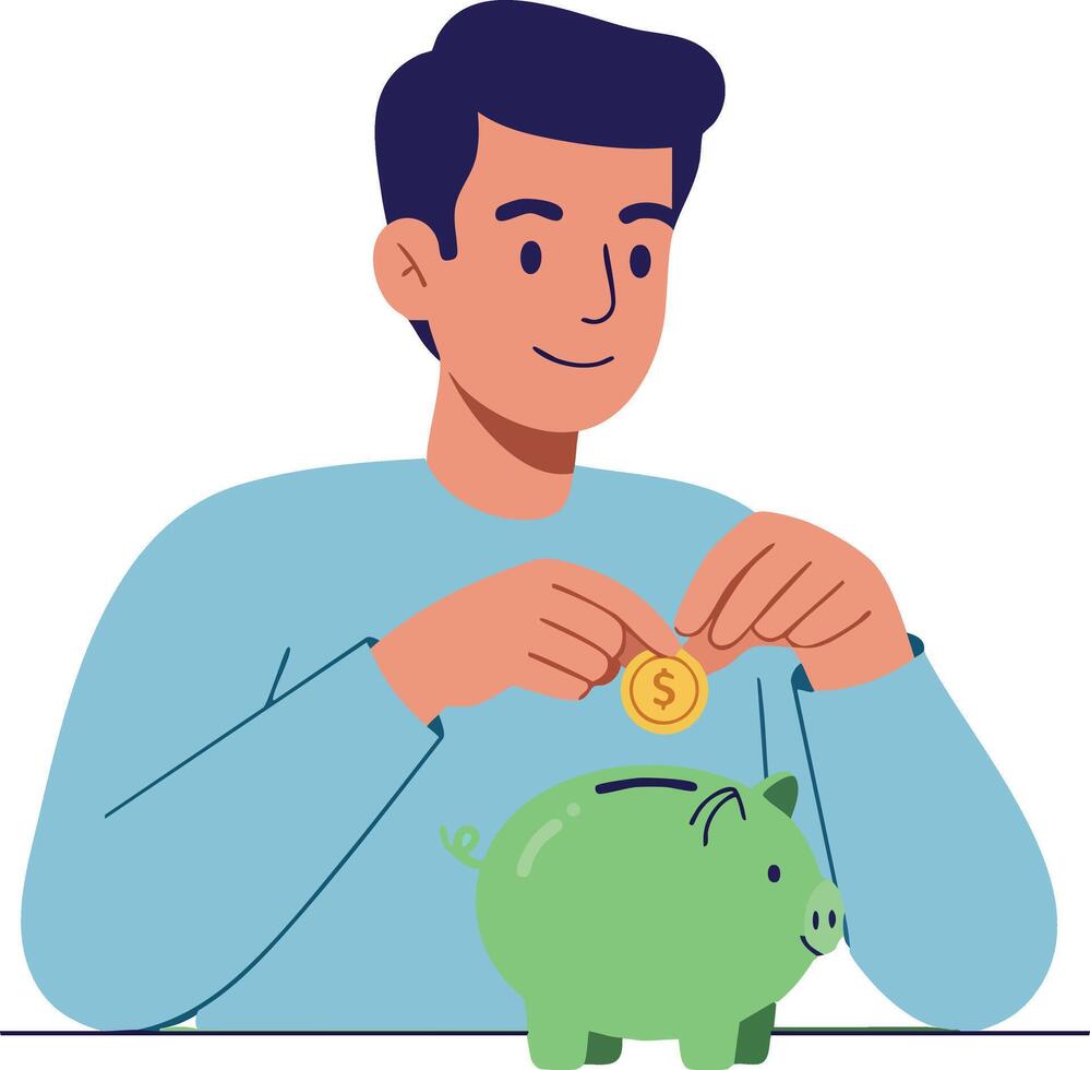 Man Putting Coin in Green Piggy Bank Saving Money Illustration vector