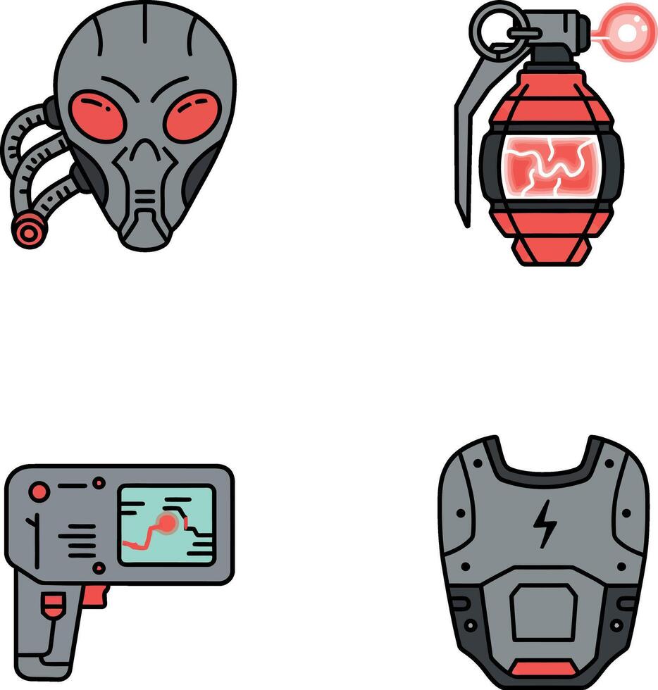 Sci-fi tactical gear set with helmet grenade scanner and vest illustration vector