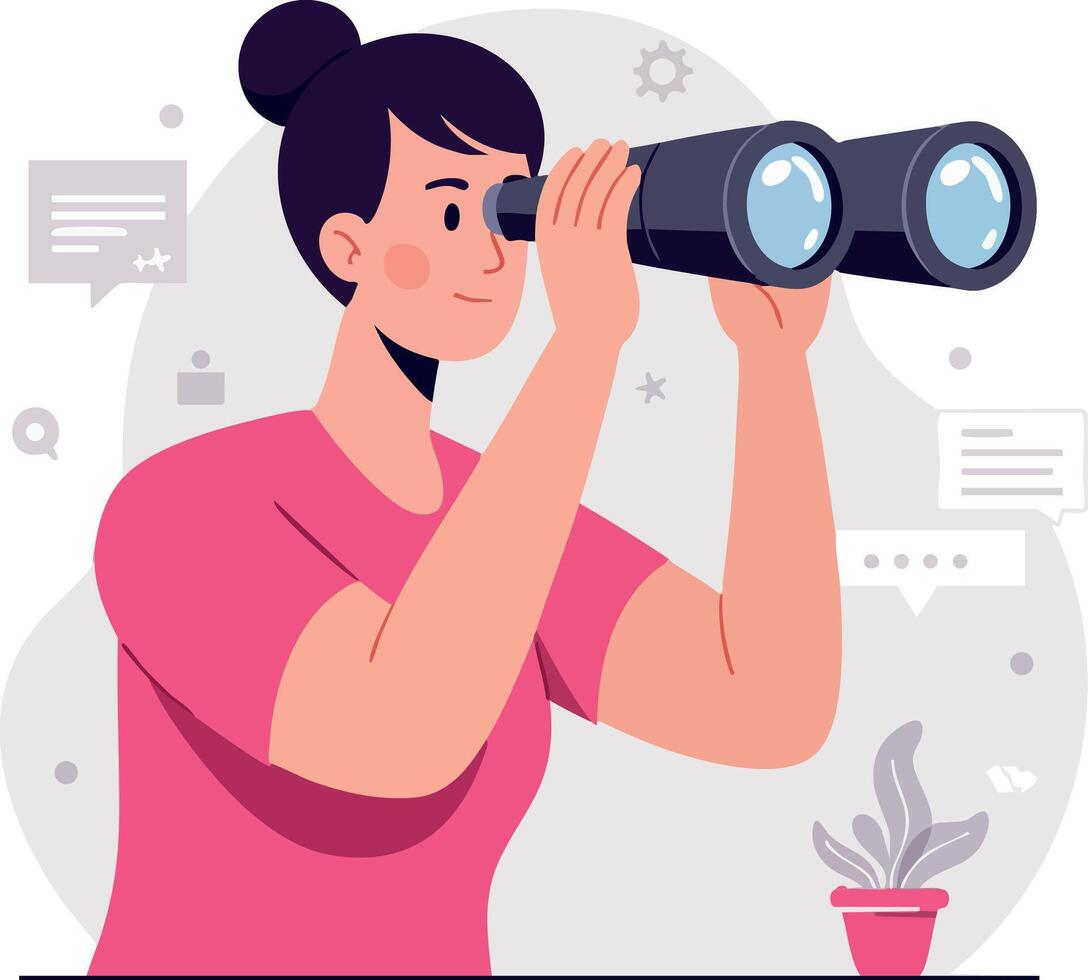 Woman in pink shirt looking through binoculars with digital icons background illustration vector