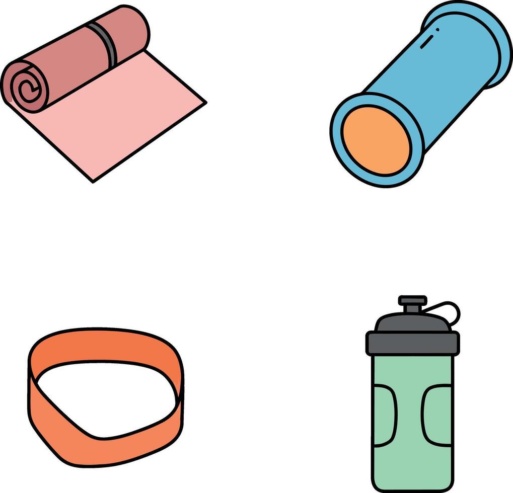 Fitness Equipment Set Including Yoga Mat Foam Roller Resistance Band Water Bottle Illustration vector
