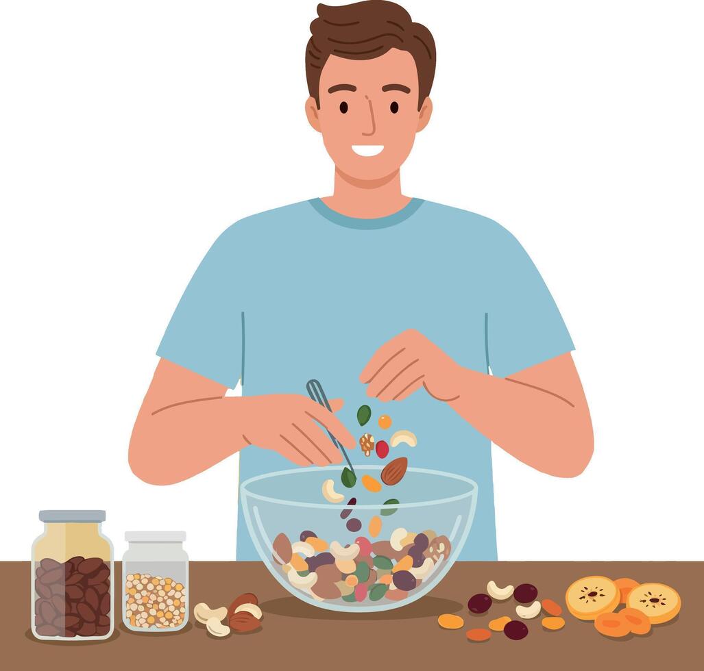Man Preparing Healthy Mixed Nuts and Dried Fruits Bowl Illustration vector