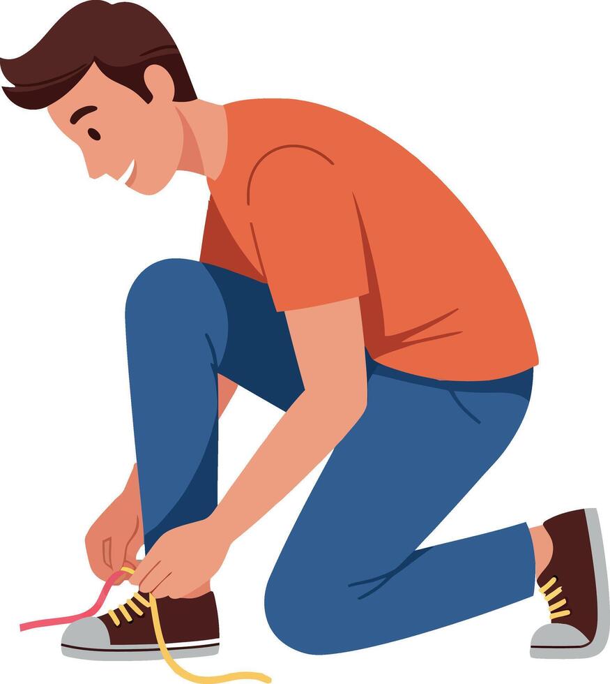 Young man tying shoelaces wearing orange shirt and blue jeans illustration vector