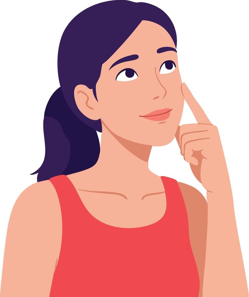 Woman with red tank top touching face and looking up thoughtful illustration vector