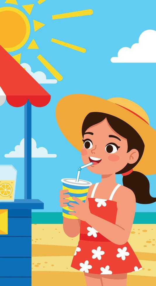 Girl drinking lemonade under sun at beach in red swimsuit summer illustration vector