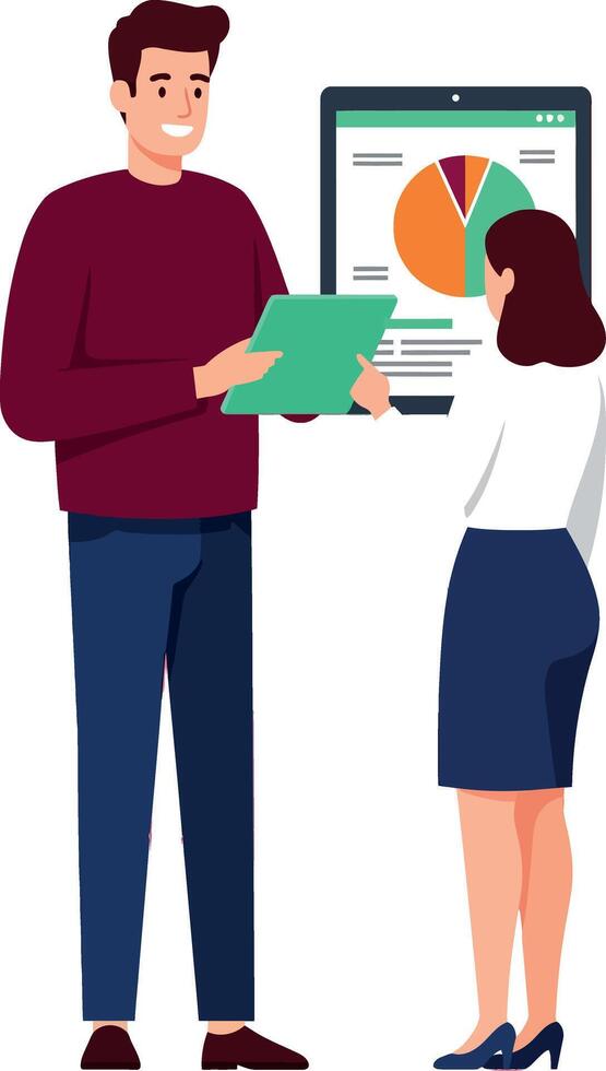 Businessman and businesswoman analyzing financial pie chart presentation in office setting illustration vector