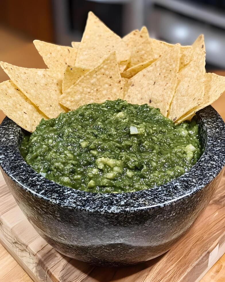 Delicious Green Salsa Dip with Crispy Tortilla Chips Served in a Traditional Stone Bowl, Perfect for Parties and Gatherings photo