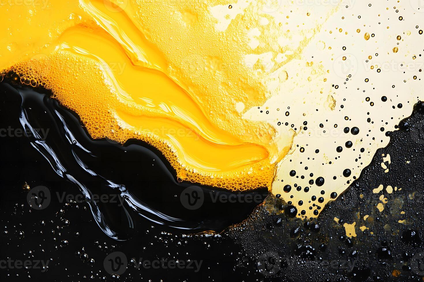 Vibrant Abstract Composition of Yellow and Black Fluid Art with Textures and Bubbles Capturing Dynamic Movement in a Contemporary Setting photo