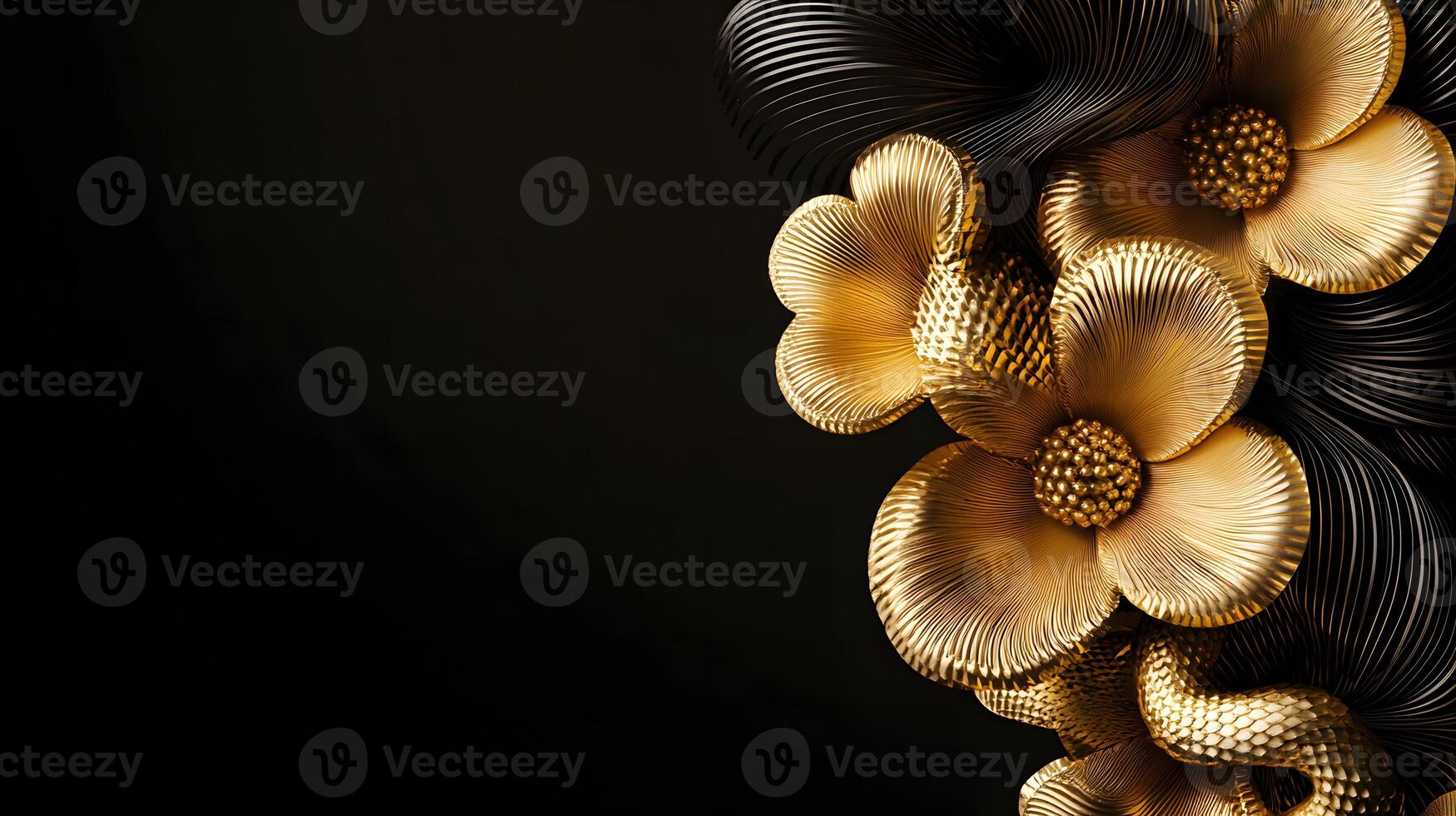 Elegant Golden Flowers with Curved Petals and Flowing Black Texture on a Dark Background, Ideal for Sophisticated Design Projects and Artistic Presentations photo