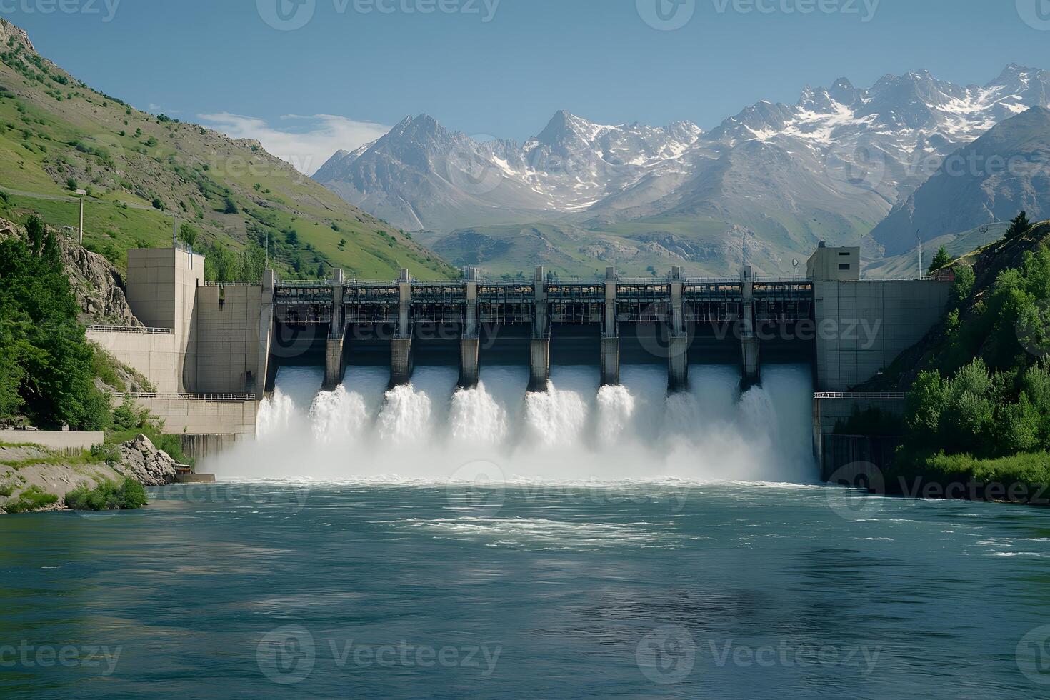 Majestic Hydroelectric Dam Surrounded by Stunning Mountain Landscape with Cascading Water and Clear Blue Sky on a Bright Sunny Day photo