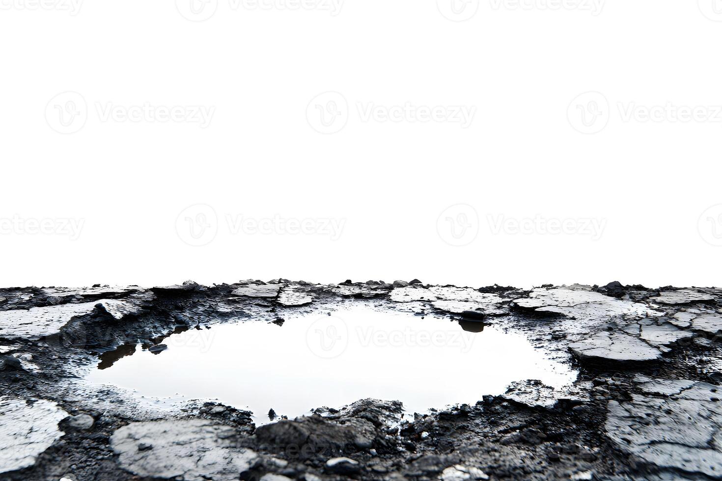 Reflective Water Pool on Rough Terrain Surrounded by Cracked Earth and Pebbles Under Bright White Sky, Capturing Nature's Unique Elements and Texture photo
