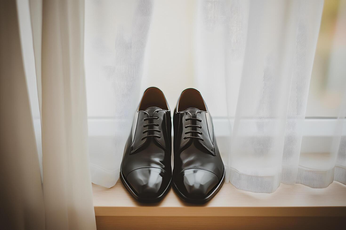 Elegant Black Dress Shoes Placed Near Sheer White Curtains on a Sunny Day, Perfect for Formal Events and Fashion Photography photo