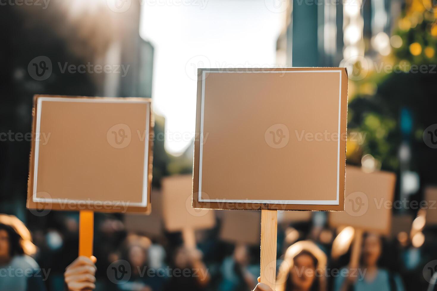 Blank Signs Held Up by Protesters During Demonstration in a Busy City, Symbolizing Freedom of Speech and Collective Action for Social Change photo
