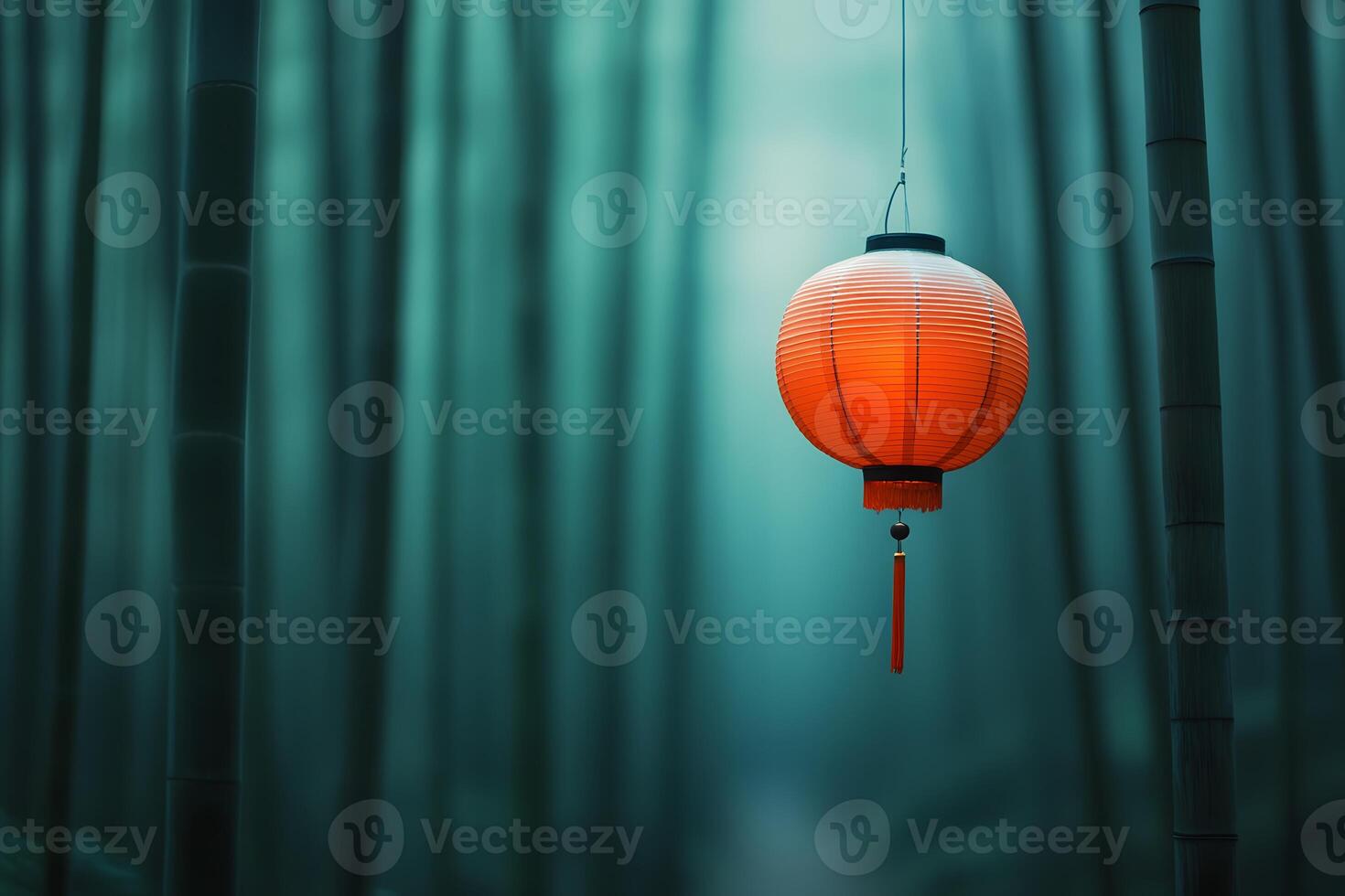 Serene Red Lantern Hanging Amidst Lush Bamboo Forest, Symbolizing Tranquility and Cultural Heritage in a Mystical Natural Environment photo